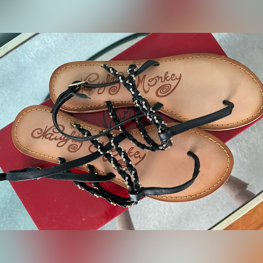 Naughty Monkey Black/Gold Strappy Sandals, size 8; gently used—only worn once